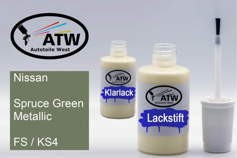 Nissan, Spruce Green Metallic, FS / KS4: 20ml Lackstift + 20ml Klarlack - Set, von ATW Autoteile West.